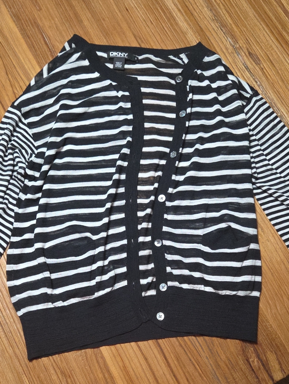 DKNY Black & White Striped Button‑Front Cardigan